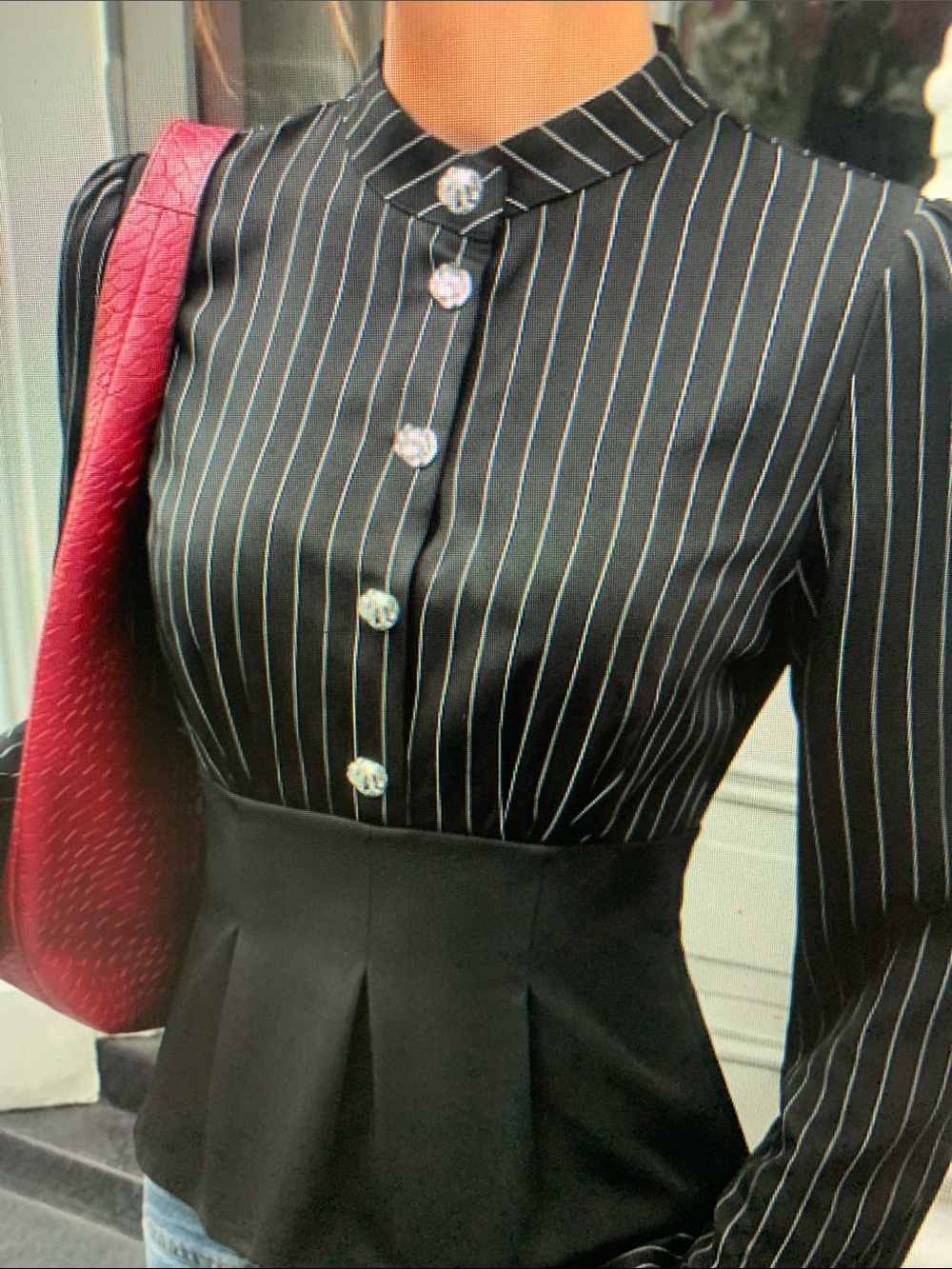 Black Pinstripe Peplum Button-Up Dress